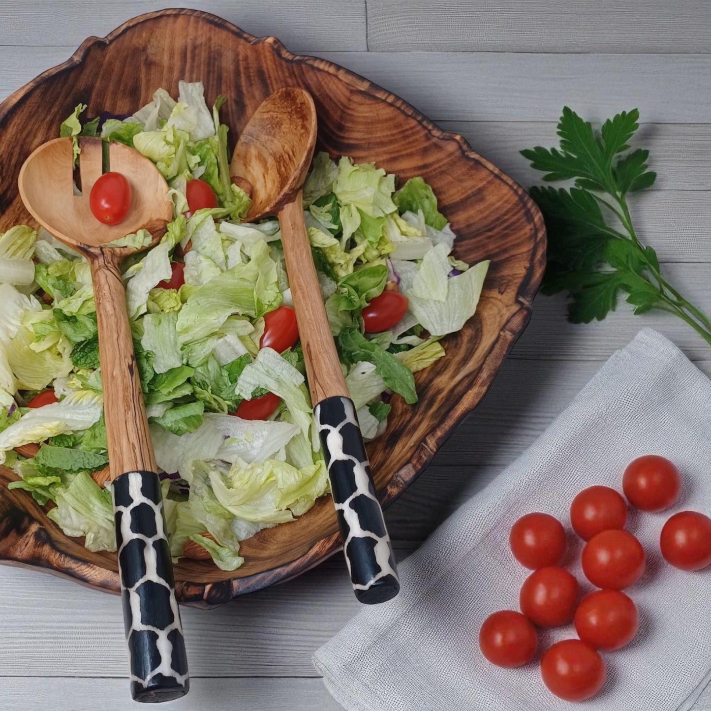 Olivewood Salad Servers: Batik Handle, Sustainable Kitchen Set