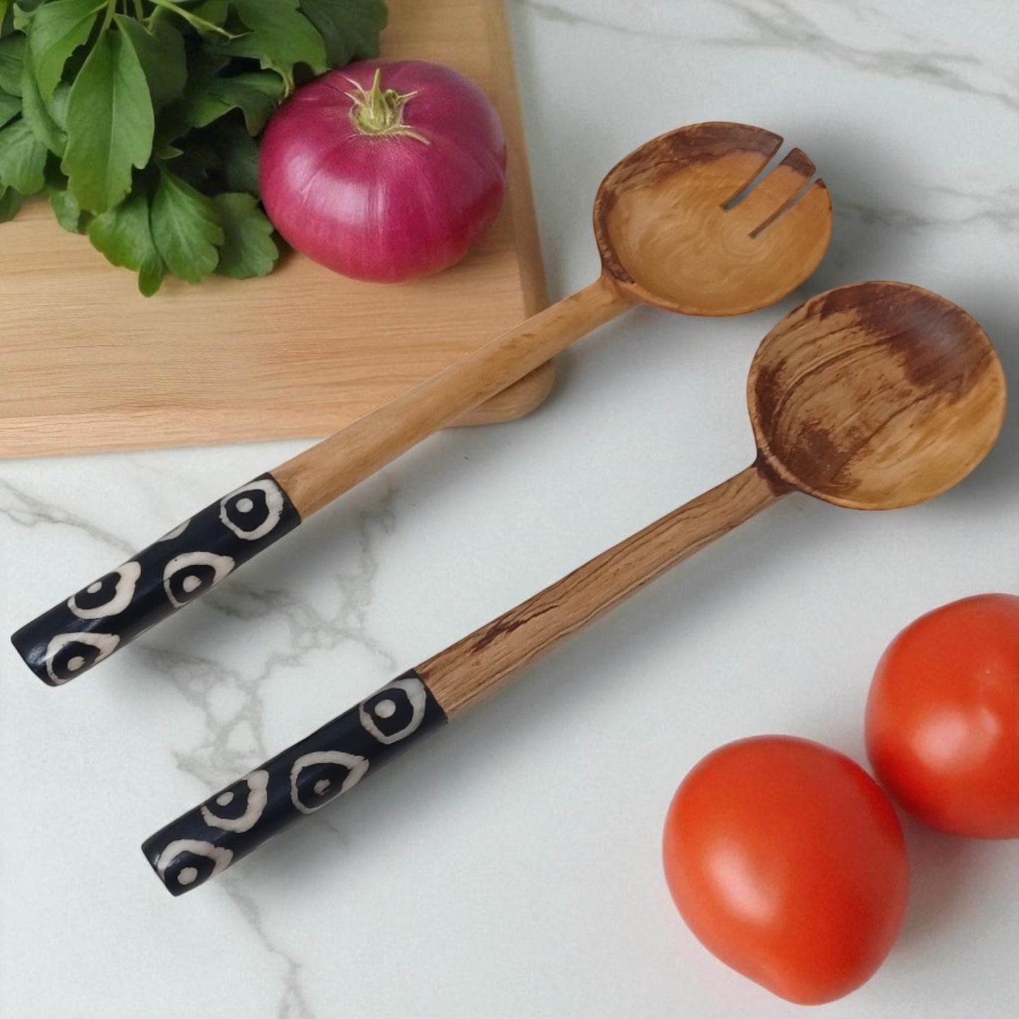 Chevron Olivewood Salad Servers: Hand-Carved Eco-Friendly Tableware