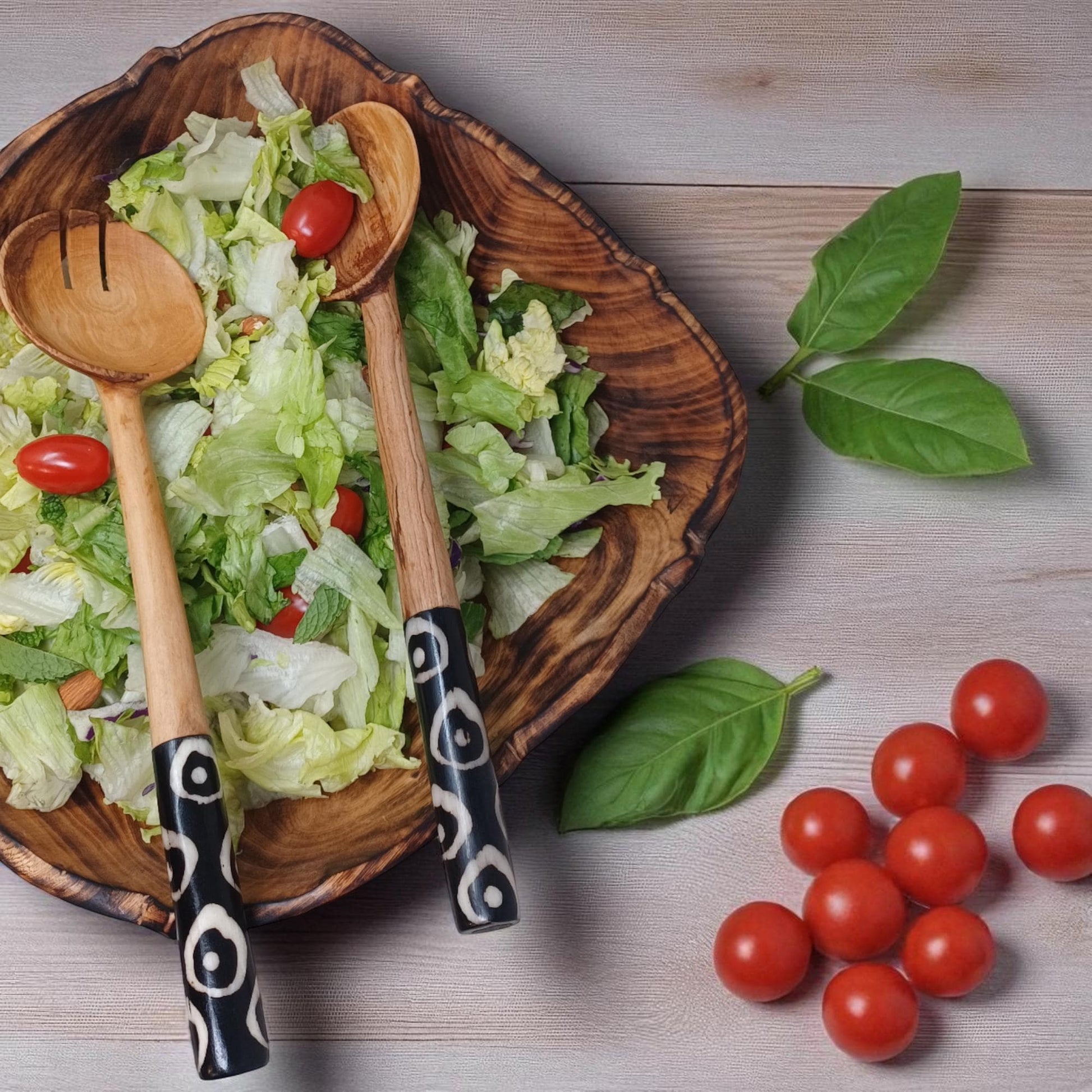 Olivewood Salad Servers: Batik Handle, Sustainable Kitchen Set