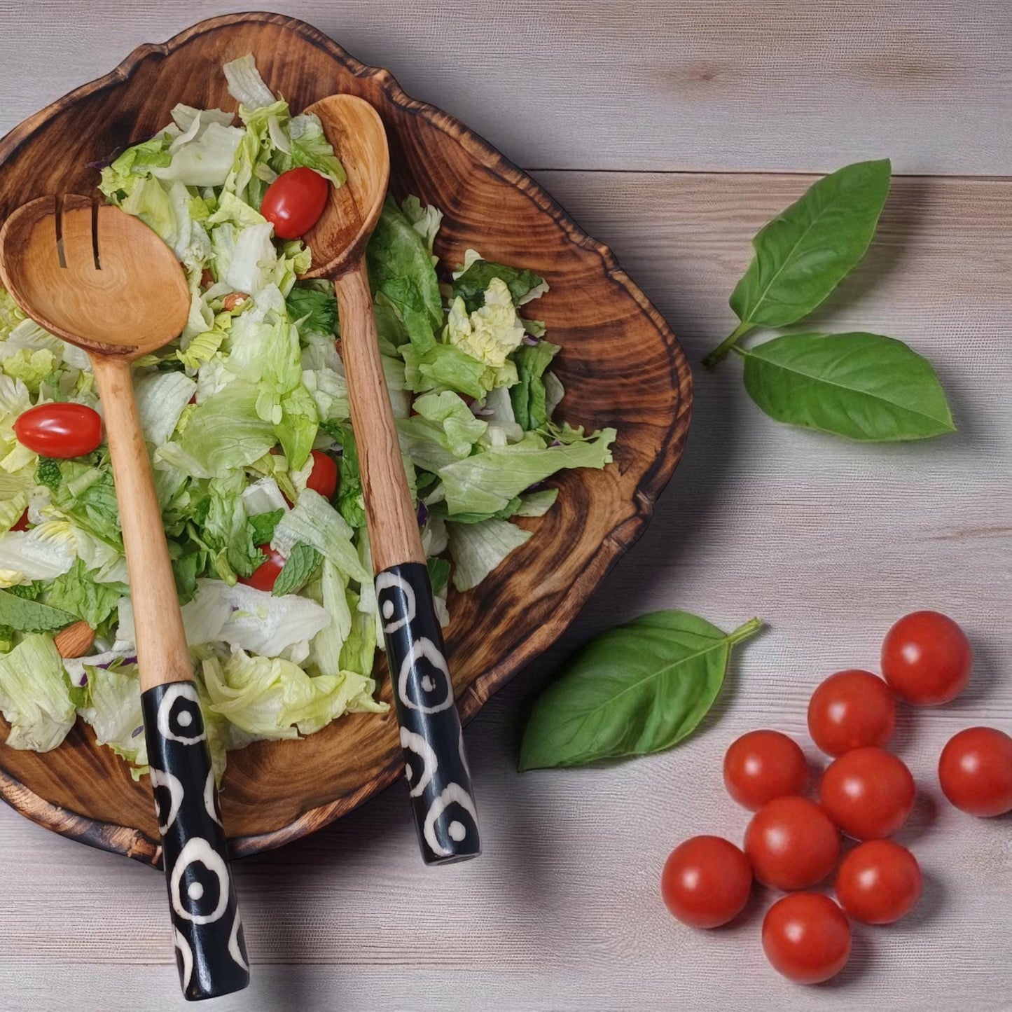 Chevron Olivewood Salad Servers: Hand-Carved Eco-Friendly Tableware