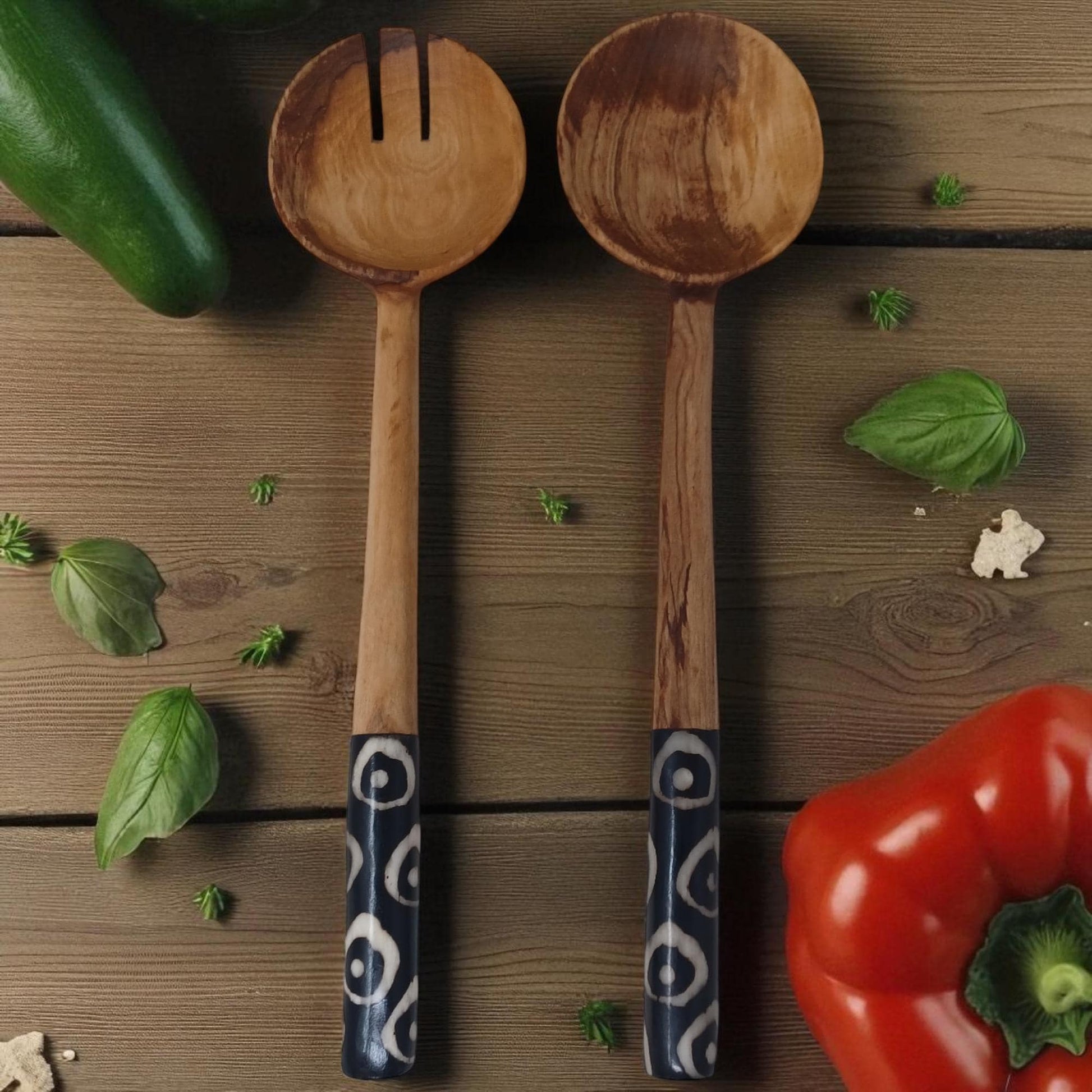 Olivewood Salad Servers: Batik Handle, Sustainable Kitchen Set
