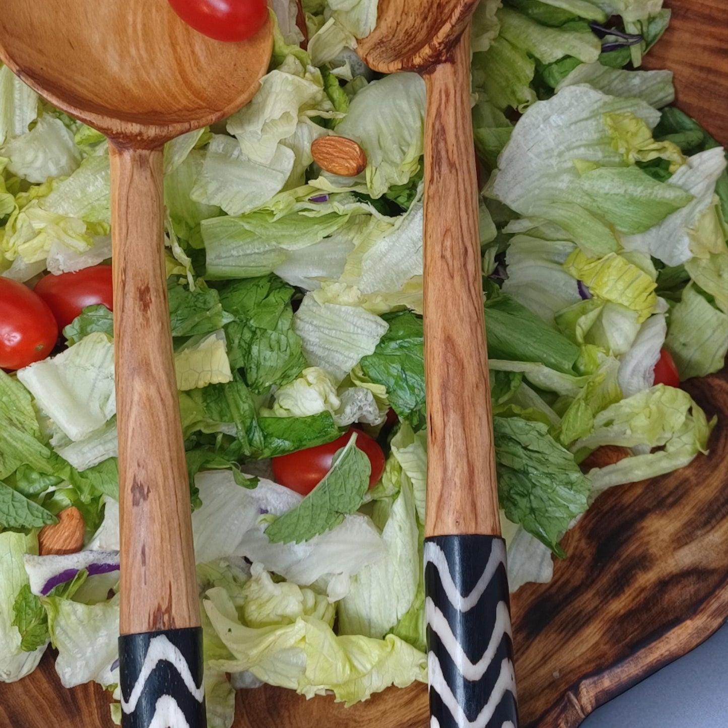 Olivewood Salad Servers: Batik Handle, Sustainable Kitchen Set