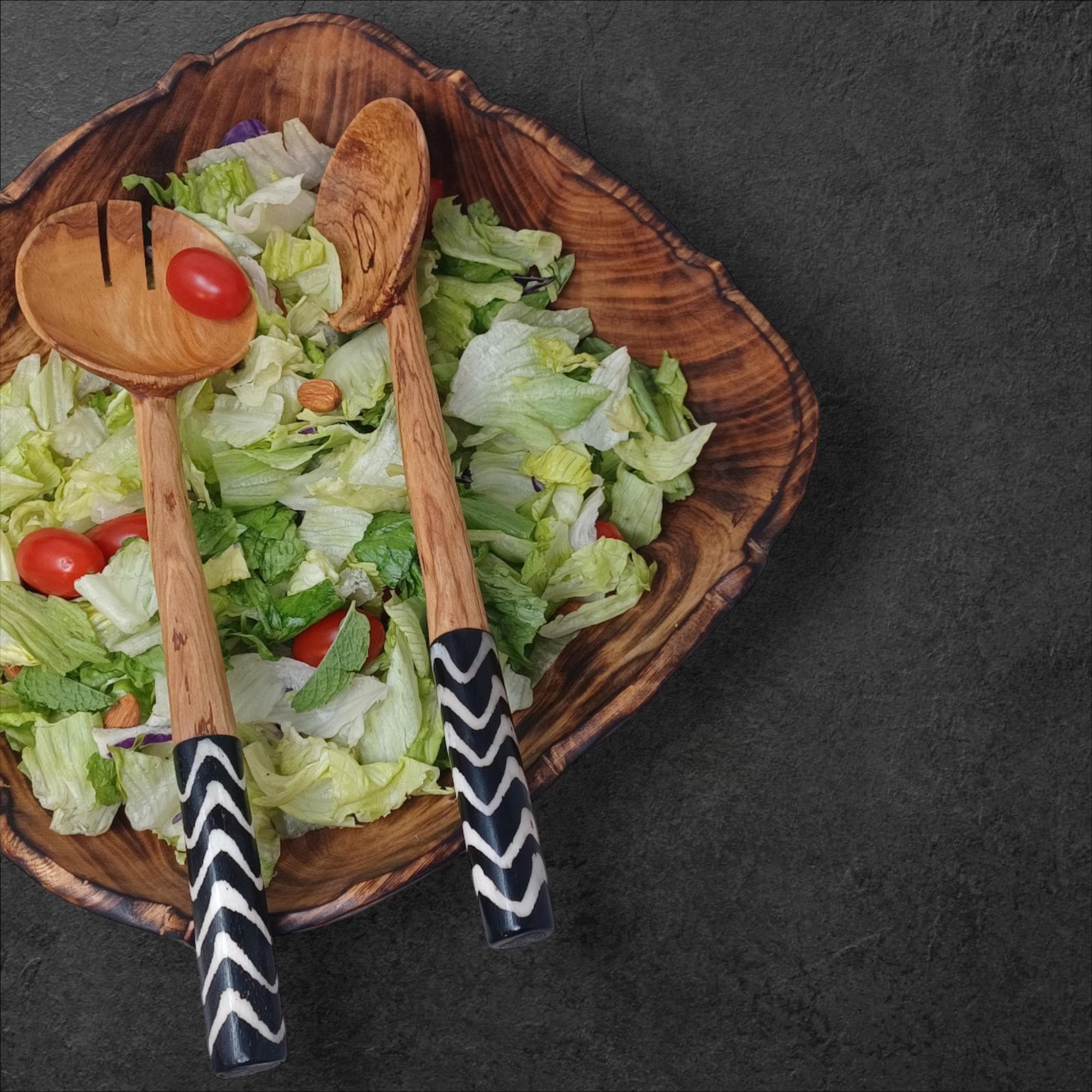 Olivewood Salad Servers: Batik Handle, Sustainable Kitchen Set