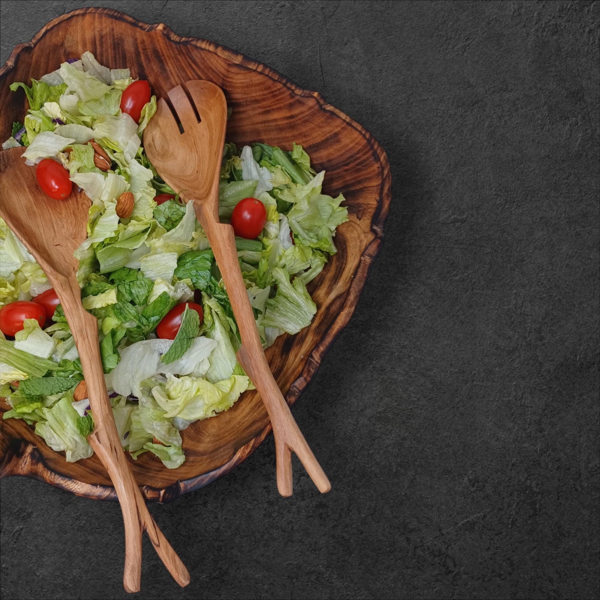 Hand Carved Olivewood Salad Servers: Rustic Kitchen Utensil Set