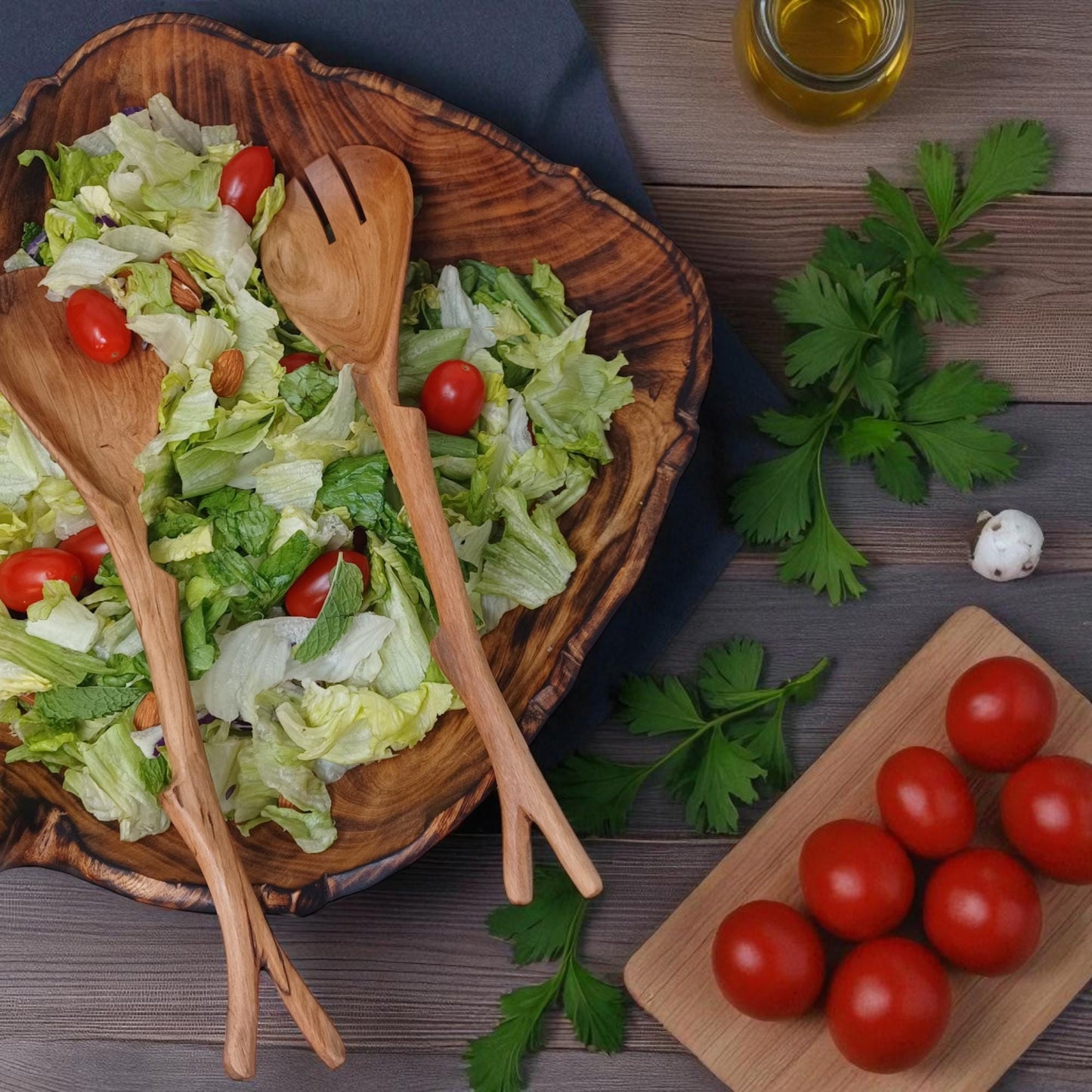 Hand Carved Olivewood Salad Servers: Rustic Kitchen Utensil Set