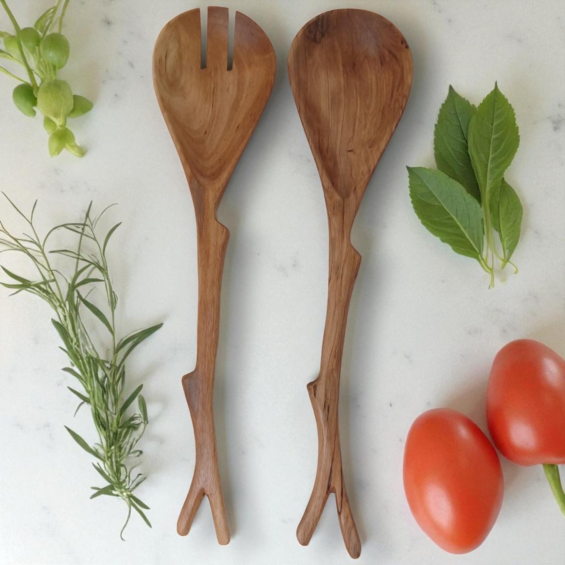 Hand Carved Olivewood Salad Servers: Rustic Kitchen Utensil Set