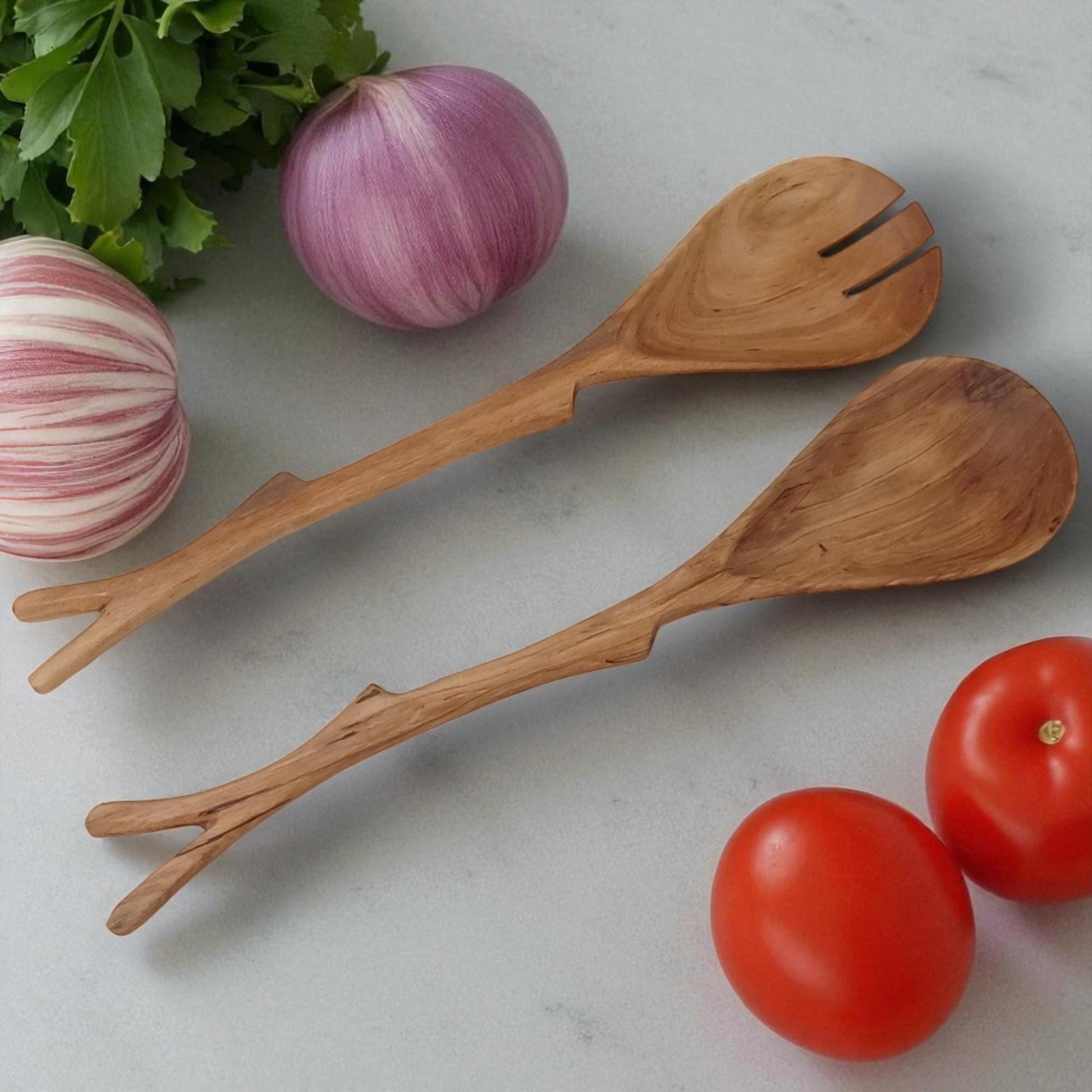 Hand Carved Olivewood Salad Servers: Rustic Kitchen Utensil Set