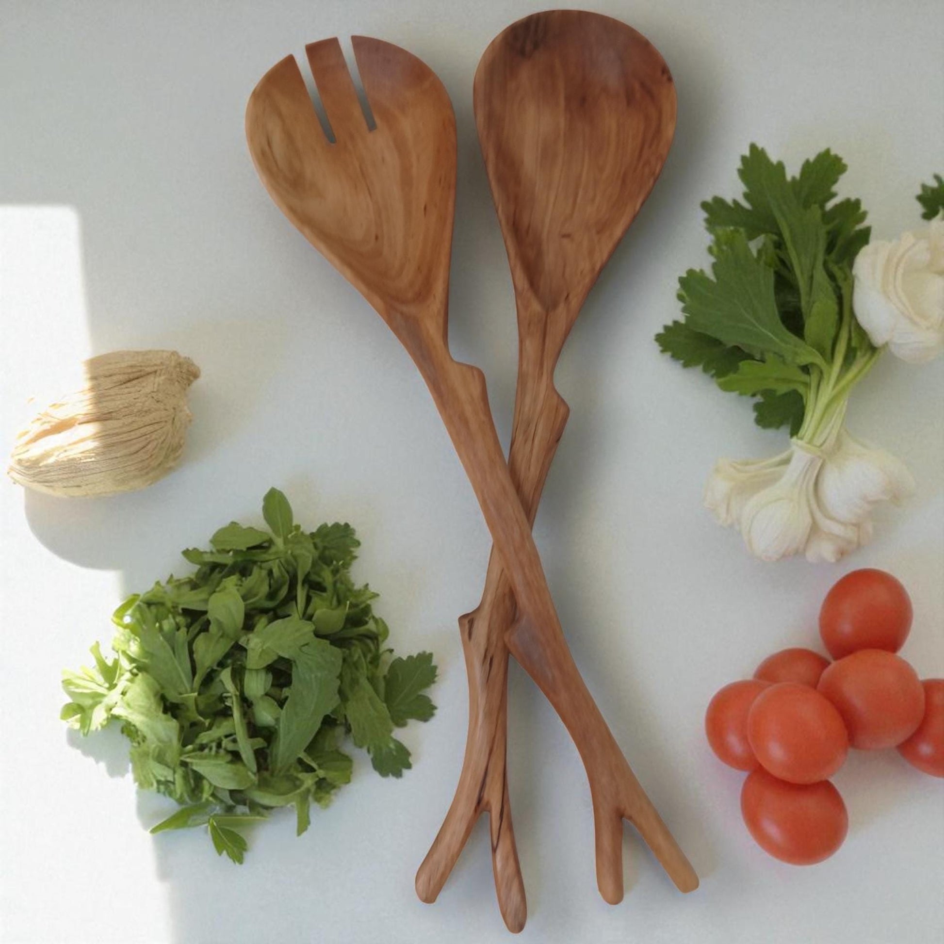 Hand Carved Olivewood Salad Servers: Rustic Kitchen Utensil Set
