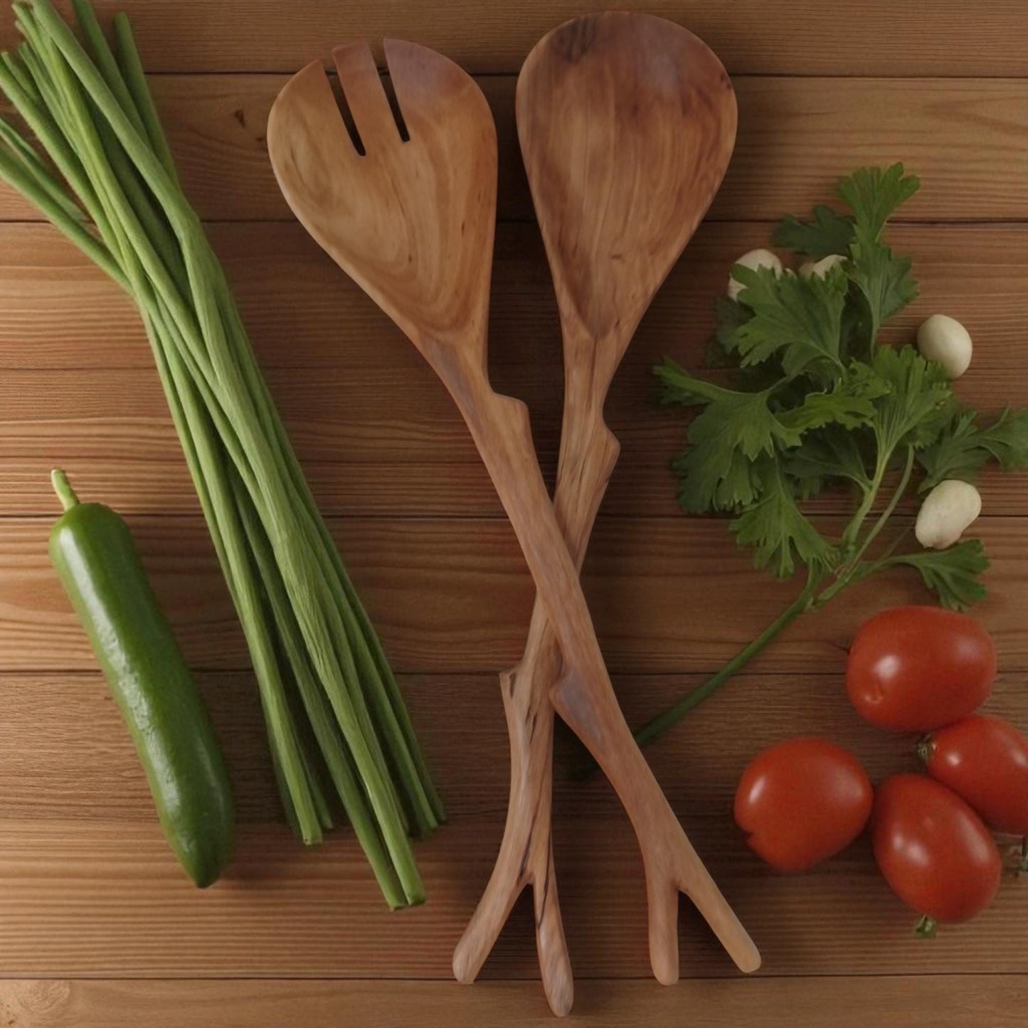 Hand Carved Olivewood Salad Servers: Rustic Kitchen Utensil Set