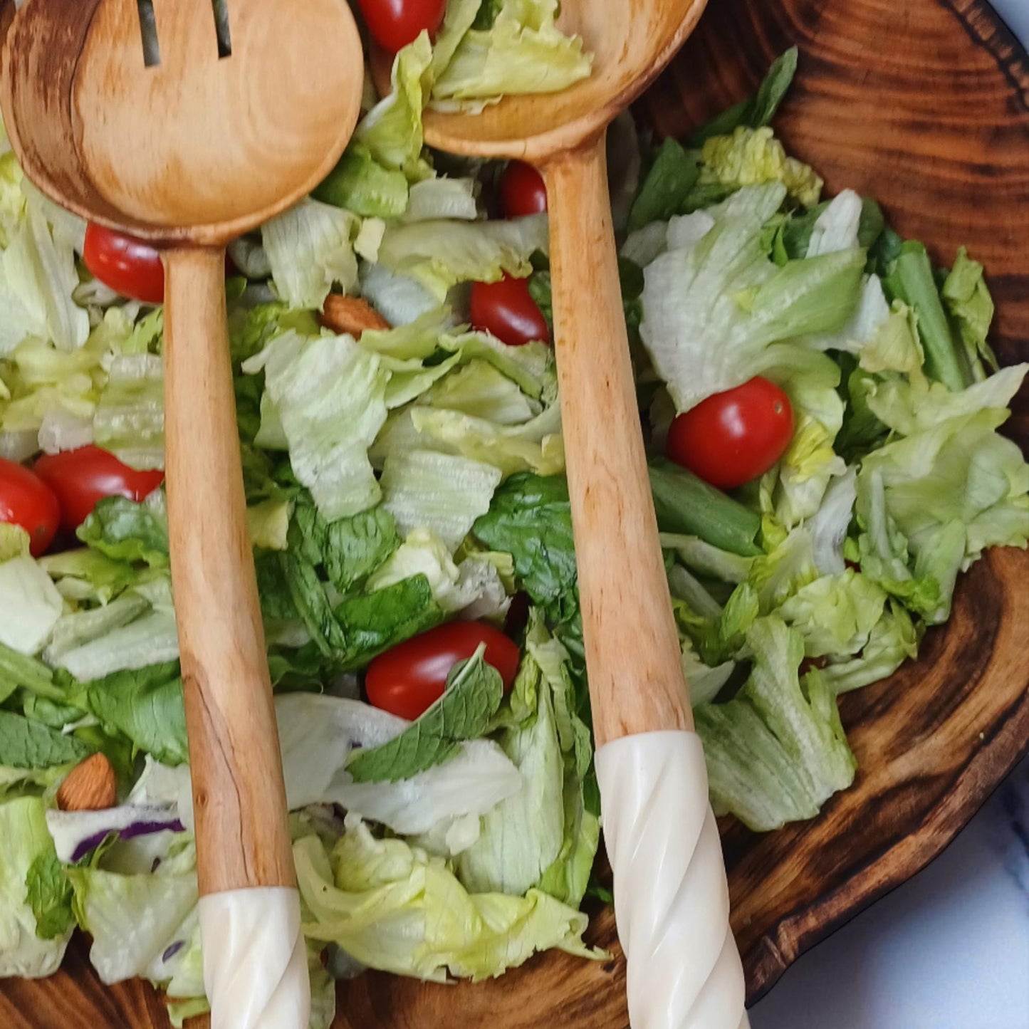 Handmade Olivewood Salad Servers with White Spiral Handle
