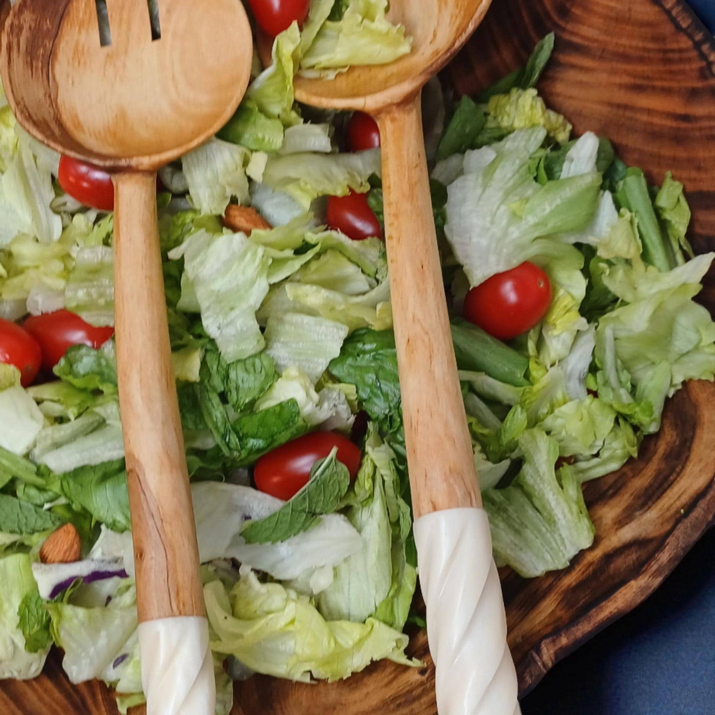 Handmade Olivewood Salad Servers with White Spiral Handle