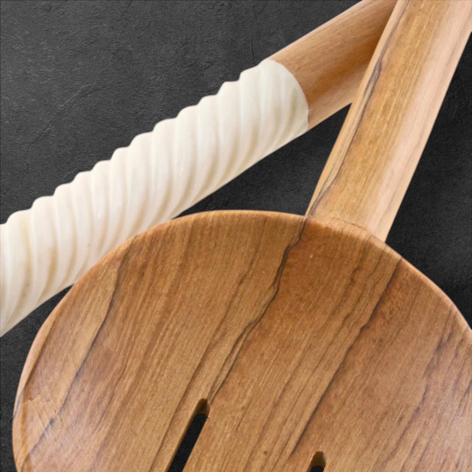 Handmade Olivewood Salad Servers with White Spiral Handle