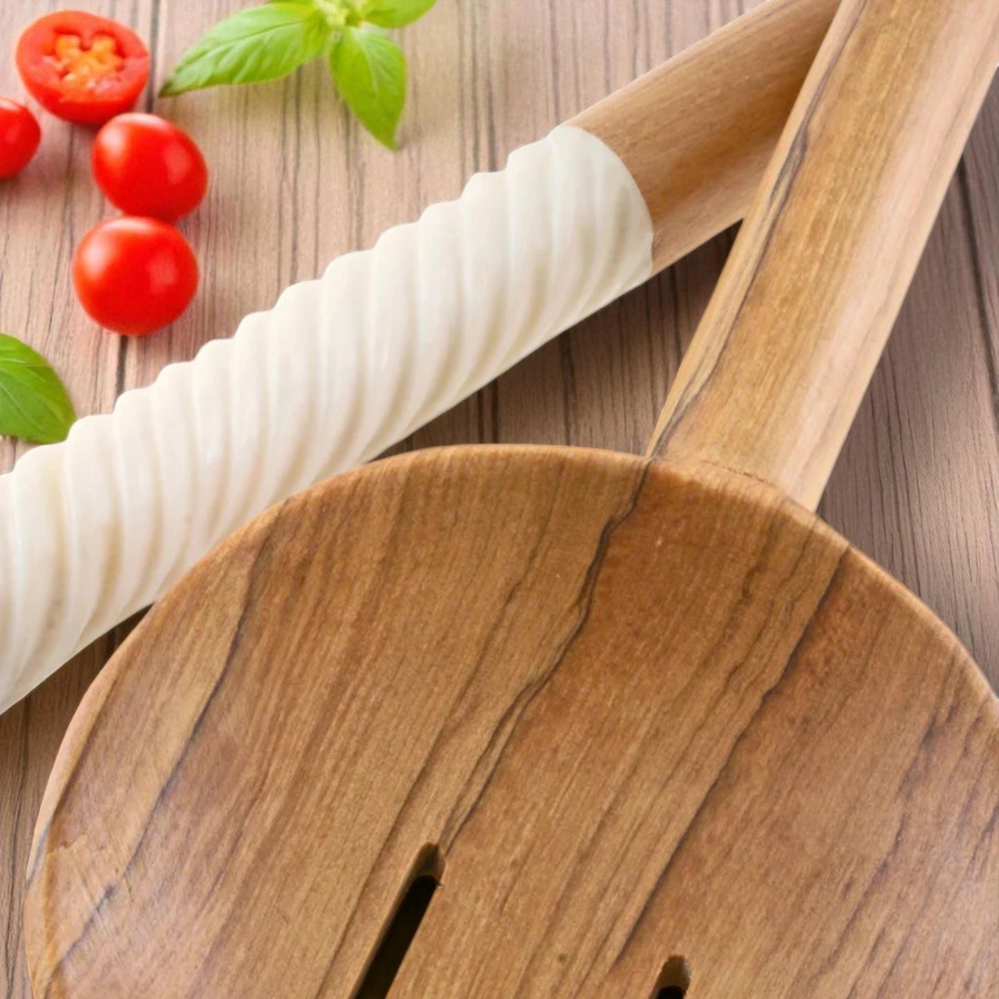 Handmade Olivewood Salad Servers with White Spiral Handle