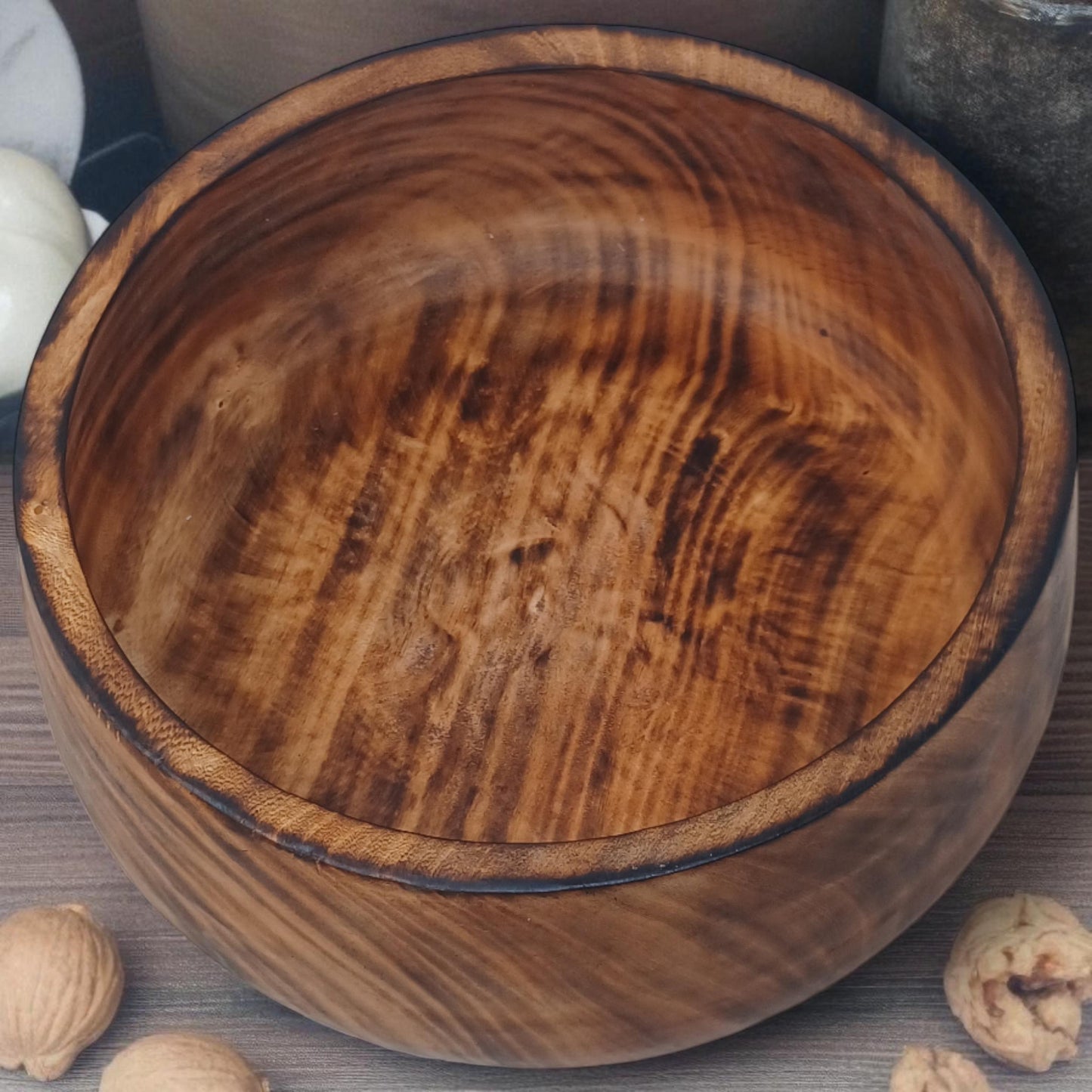 Handmade Round Wooden Fruit Bowl with Handle | Rustic Serving Bowl | Natural Large Salad Bowl | Unique Christmas Gift Mom