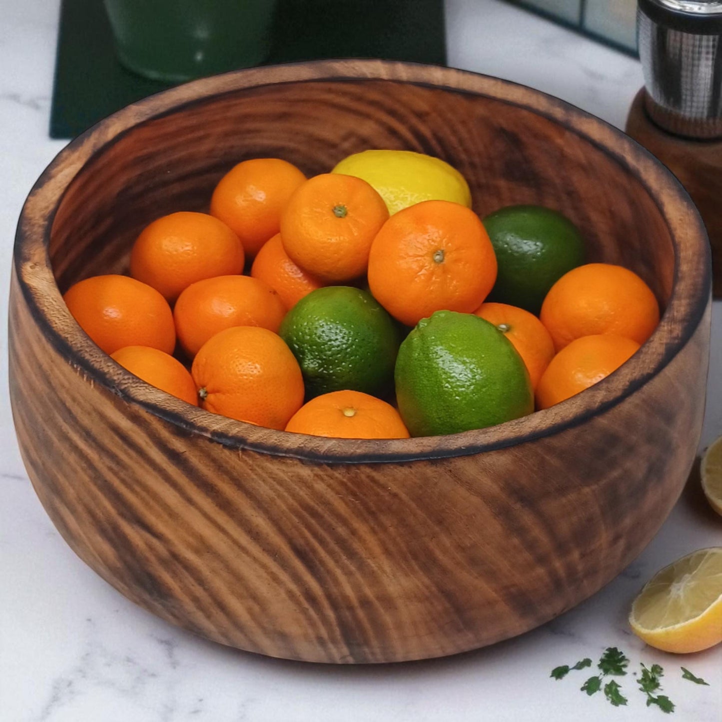 Handmade Round Wooden Fruit Bowl with Handle | Rustic Serving Bowl | Natural Large Salad Bowl | Unique Christmas Gift Mom