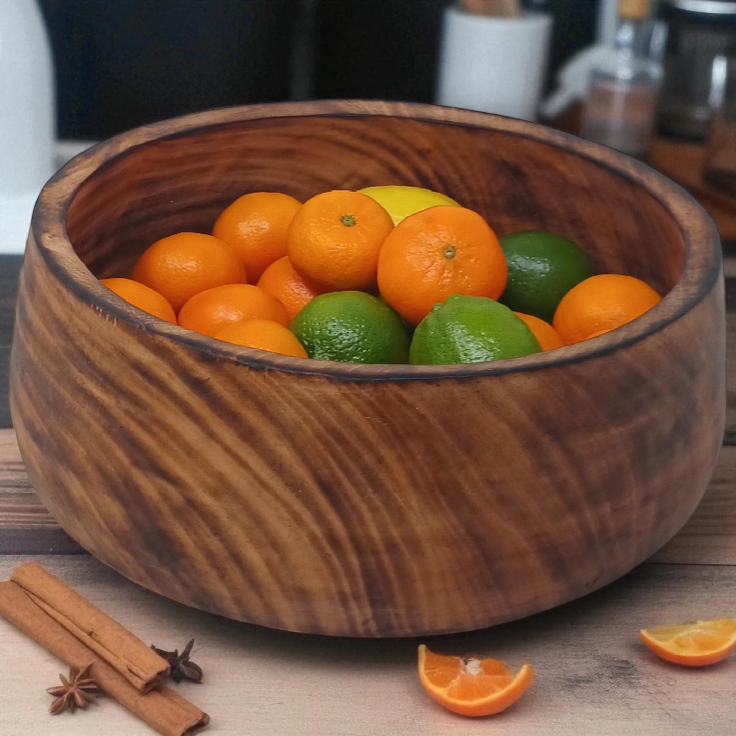 Handmade Round Wooden Fruit Bowl with Handle | Rustic Serving Bowl | Natural Large Salad Bowl | Unique Christmas Gift Mom