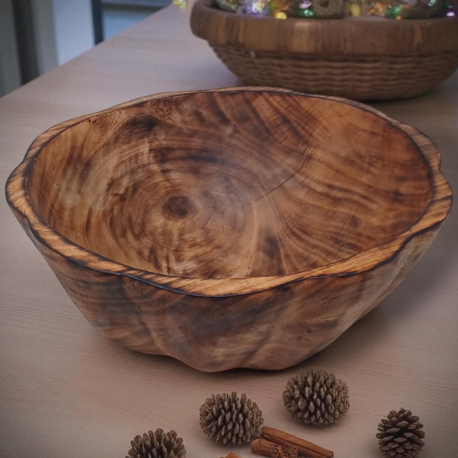 Large Round Wooden Salad Bowl | Rustic Fruit Bowl | Handcrafted Natural Wood Serving Bowl | Sustainable Kitchen Décor Gift