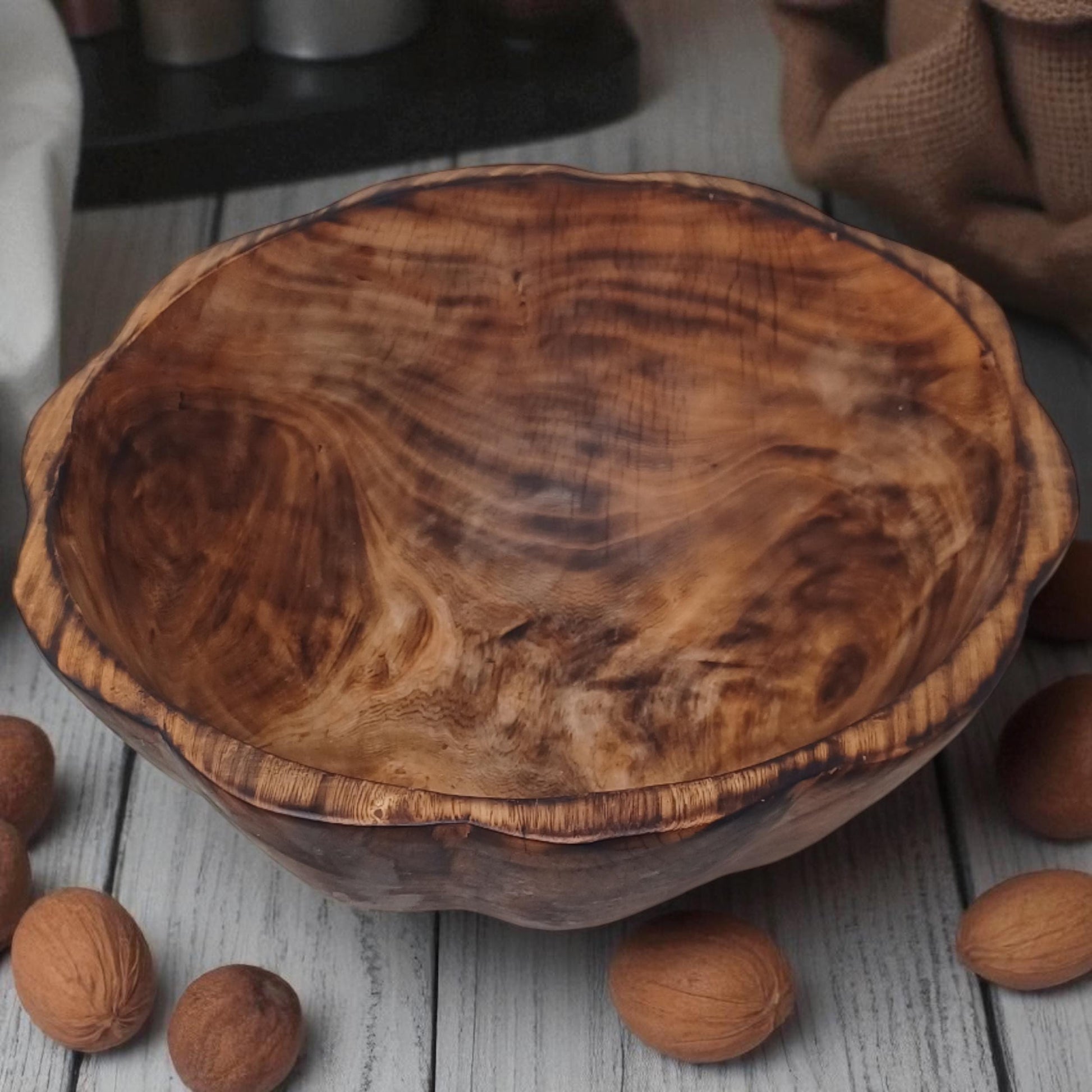 Large Round Wooden Salad Bowl | Rustic Fruit Bowl | Handcrafted Natural Wood Serving Bowl | Sustainable Kitchen Décor Gift