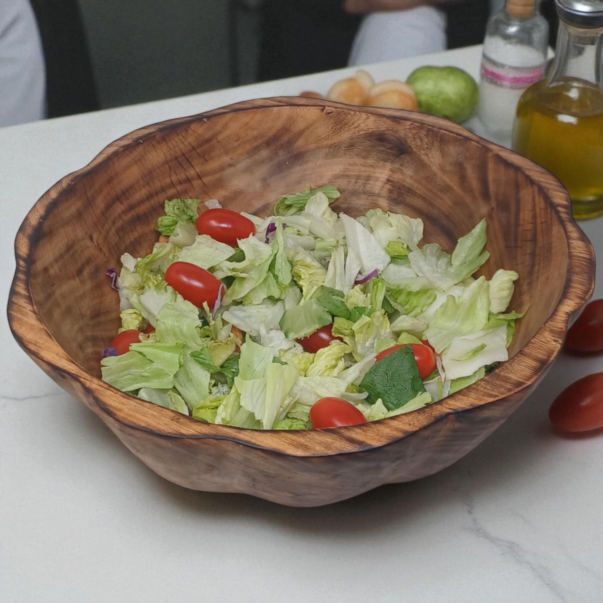 Large Round Wooden Salad Bowl | Rustic Fruit Bowl | Handcrafted Natural Wood Serving Bowl | Sustainable Kitchen Décor Gift