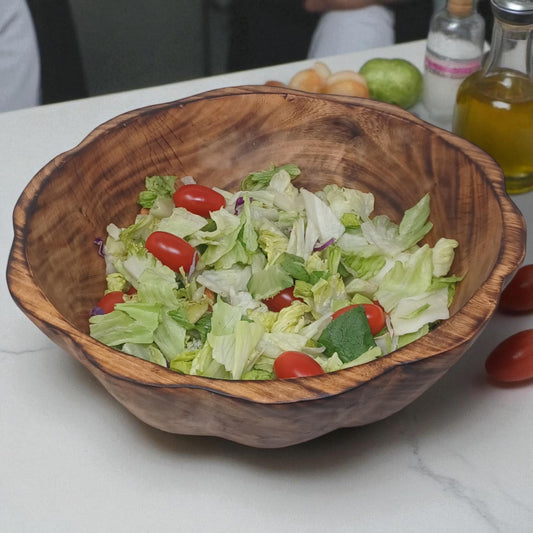 Large Round Wooden Salad Bowl | Rustic Fruit Bowl | Handcrafted Natural Wood Serving Bowl | Sustainable Kitchen Décor Gift
