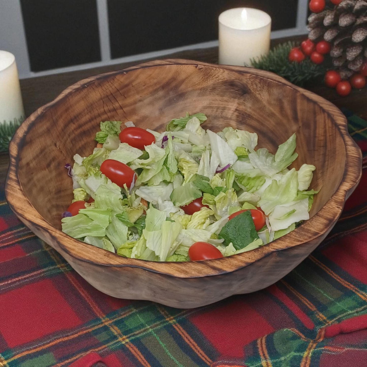 Large Round Wooden Salad Bowl | Rustic Fruit Bowl | Handcrafted Natural Wood Serving Bowl | Sustainable Kitchen Décor Gift