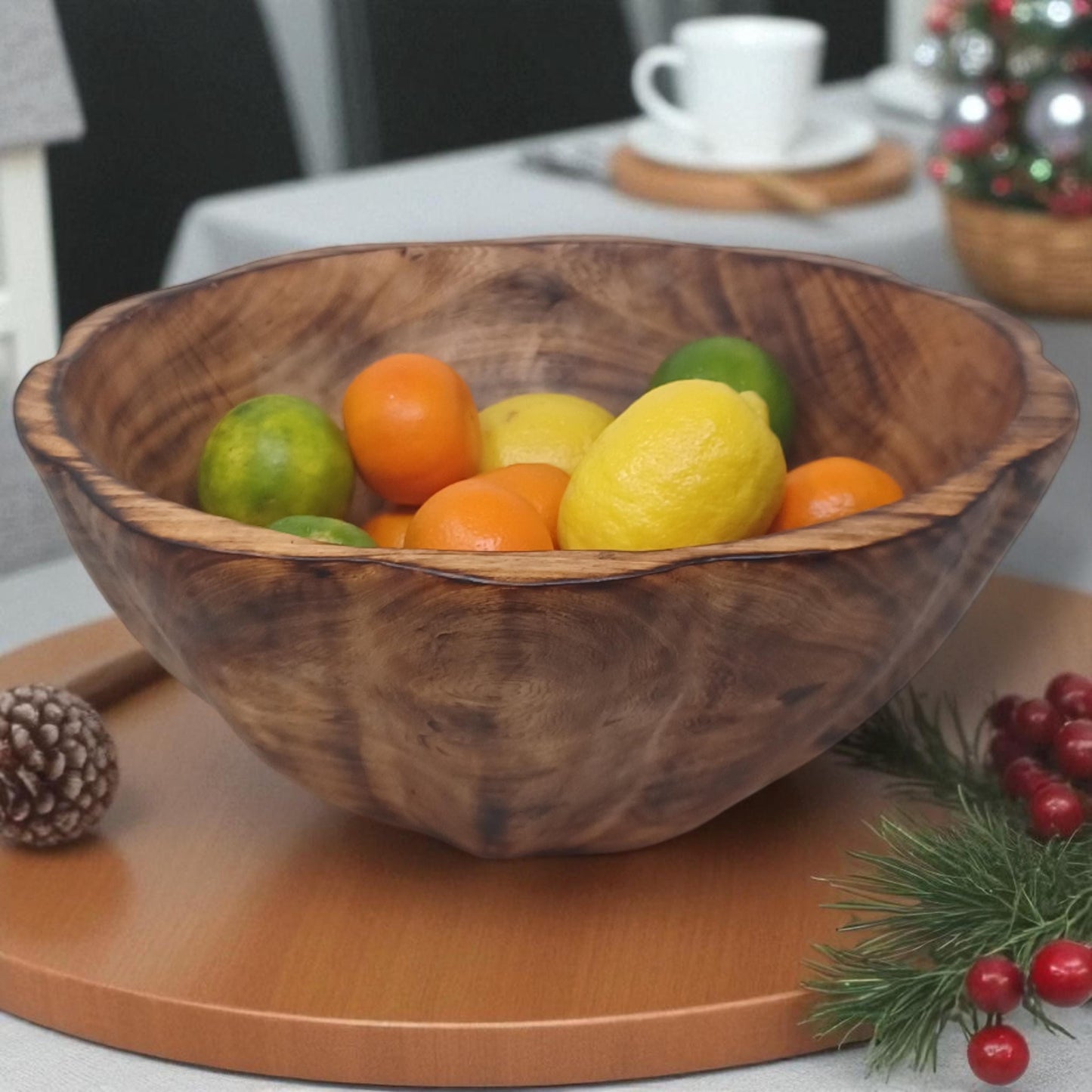 Large Round Wooden Salad Bowl | Rustic Fruit Bowl | Handcrafted Natural Wood Serving Bowl | Sustainable Kitchen Décor Gift