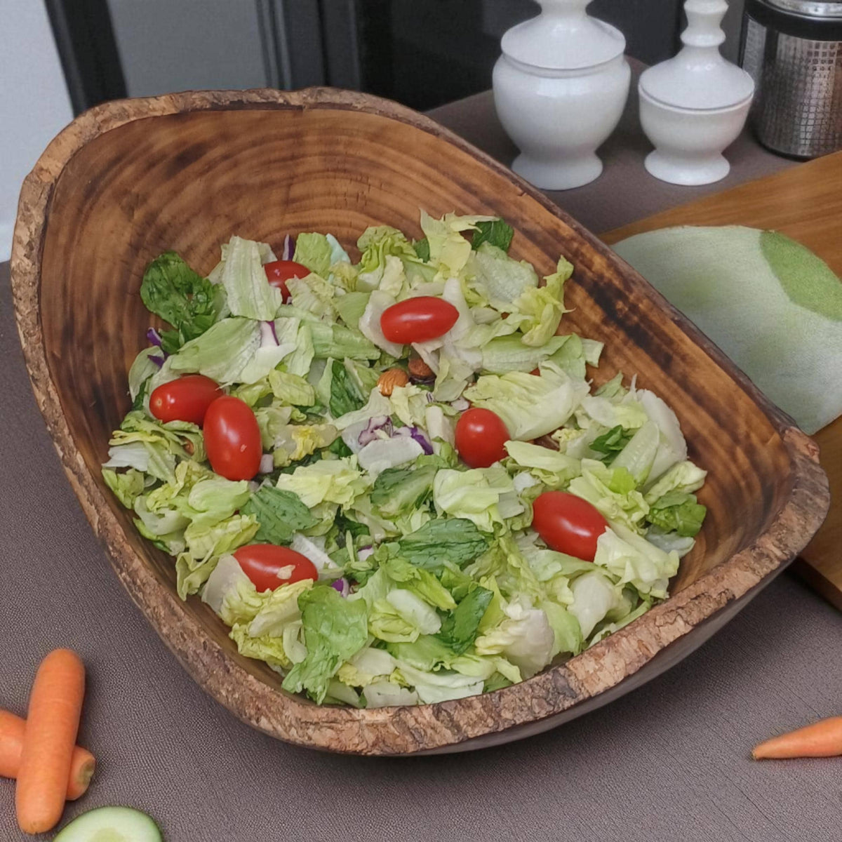Rustic Edge Wooden Salad Bowl | Large Round Fruit Bowl | Handcrafted Natural Wood Décor | Holiday Gift for Mom