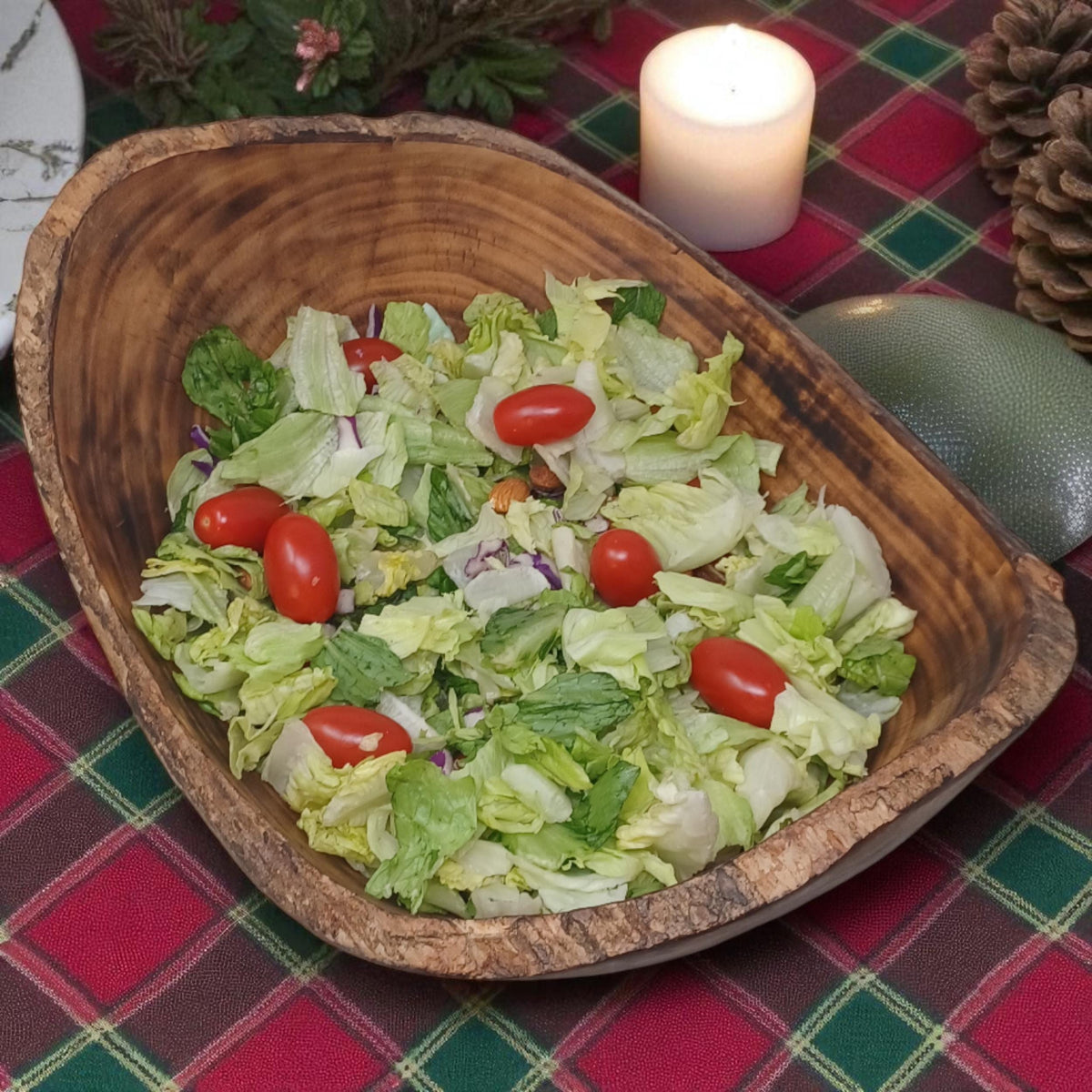 Rustic Edge Wooden Salad Bowl | Large Round Fruit Bowl | Handcrafted Natural Wood Décor | Holiday Gift for Mom