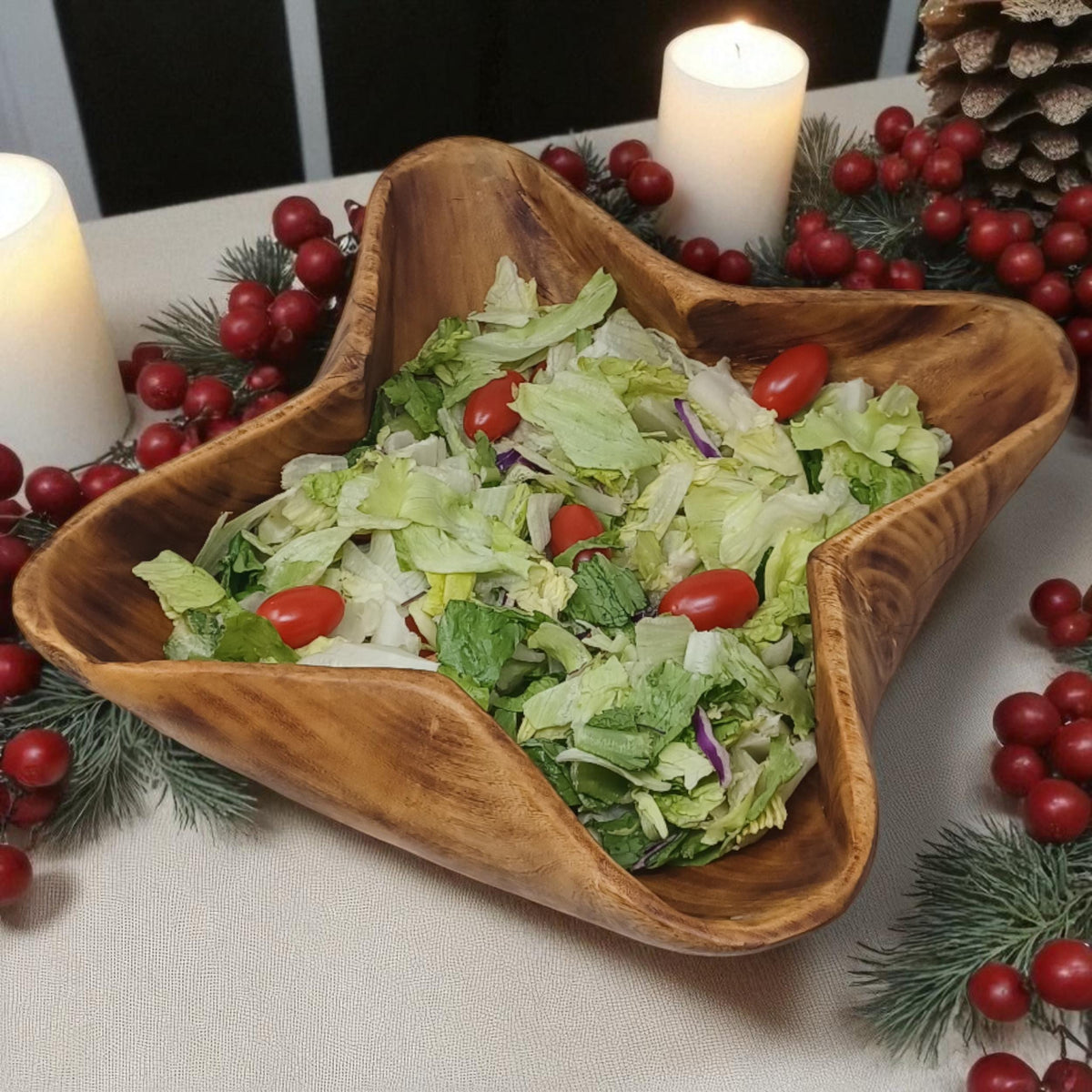 Star-Shaped Wooden Salad Bowl | Hand-Carved Serving Bowl | Rustic Holiday Centerpiece | Large serving bowls