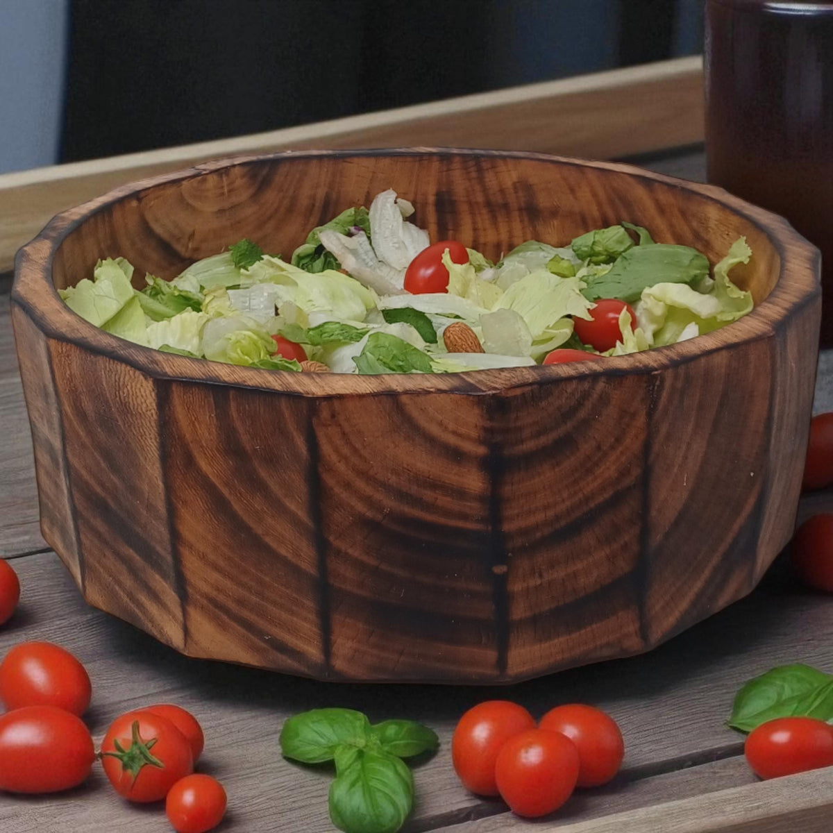 Large Rustic Wooden Salad Bowl | Round Wood Fruit Bowl | Handcrafted Natural Wood Décor | Christmas Gift for Mom