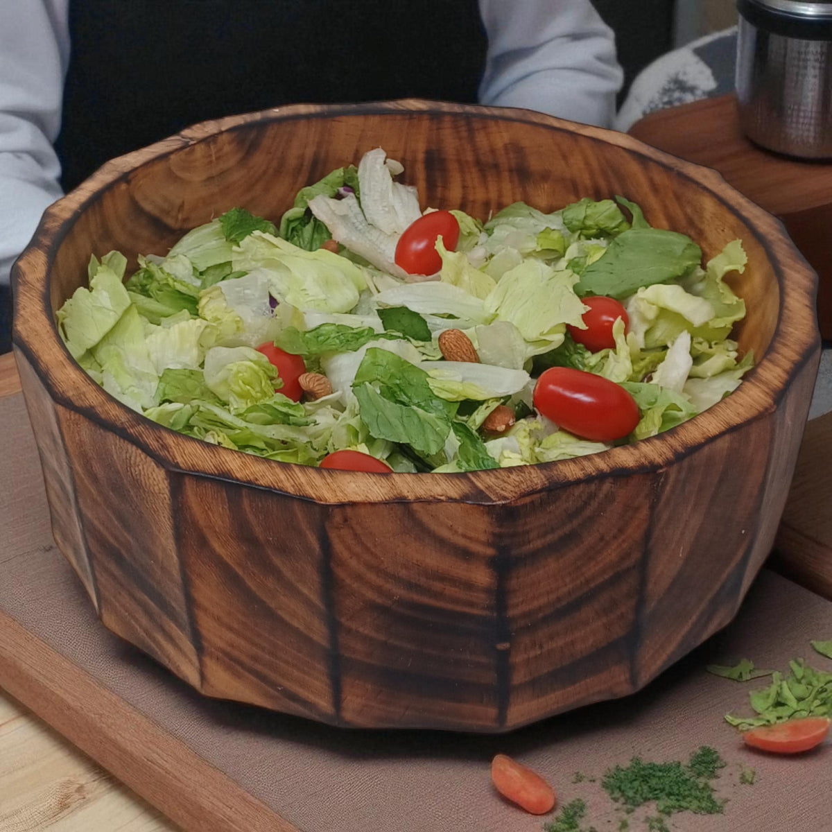 Large Rustic Wooden Salad Bowl | Round Wood Fruit Bowl | Handcrafted Natural Wood Décor | Christmas Gift for Mom