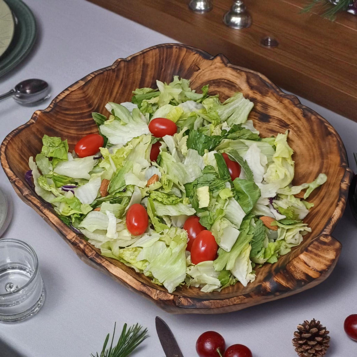 Rustic Hand-Carved Wooden Bowl | Natural Square-shaped Wood Salad & Fruit Bowl | Handmade Wooden Serving Bowl | Large serving bowl gift