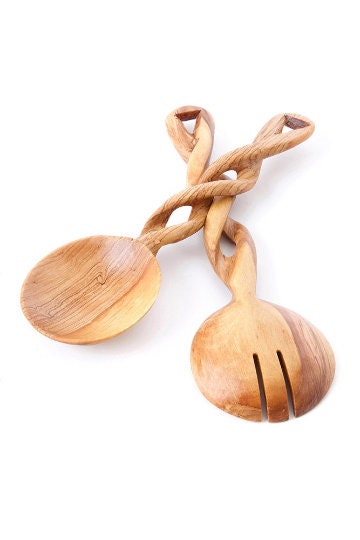 Wooden spoon set, Salad server wood, wooden serving spoon, wooden cooking spoon, wooden utensil set, Twisted spoon, wooden serving utensil