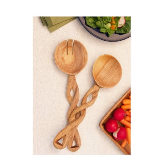 Wooden spoon set, Salad server wood, wooden serving spoon, wooden cooking spoon, wooden utensil set, Twisted spoon, wooden serving utensil